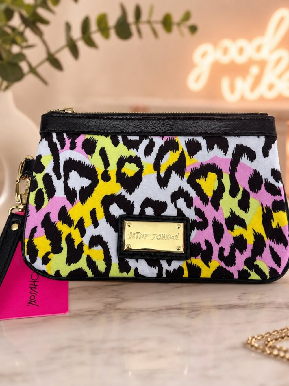 Betsey Johnson Neon Pastel Leopard Print Wristlet NWT